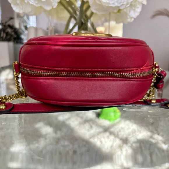 DESIGNER INSPIRED G G MARMONT Red Round Crossbody Bag with Gold Accents - Picture 7 of 12